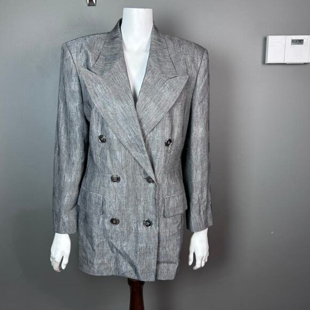 Michael Kors blazer women's size 10 long metallic houndstooth plaid vtg linen